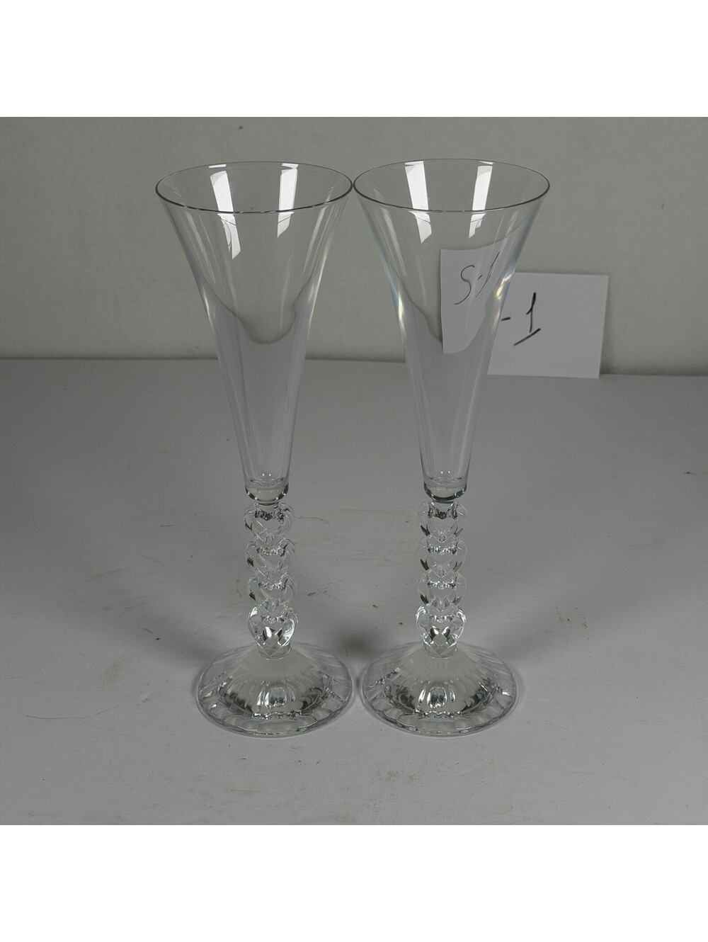 Set of 2‎ Clear Glass Champagne Flutes with Stacked Heart Stems - S-1